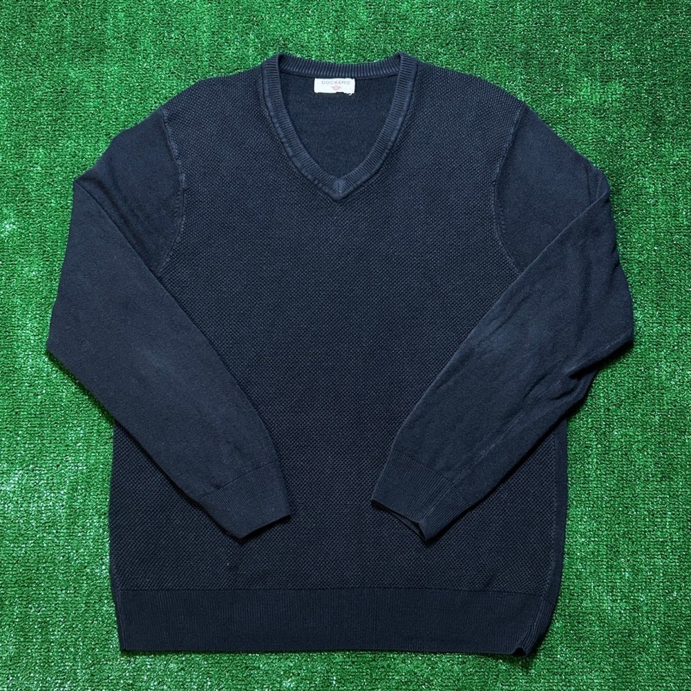Dockers Sweater Mens‎ Large Navy Blue V-Neck Textured Knit Long Sleeve Pullover